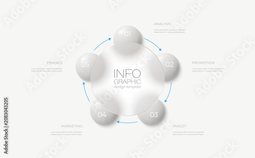 Glass morphism infographic design template with 4 options and a 3D sphere layout. Transparent glass diagram elements for data visualization