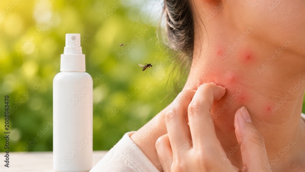 Fototapeta premium Woman scratching mosquito bites on her neck while insect repellent spray and flying mosquitos are visible outdoors in nature