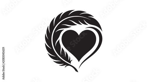Quadro su tela Heart with Feather Illustration in Black and White Featuring Love, Symbol, Desig
