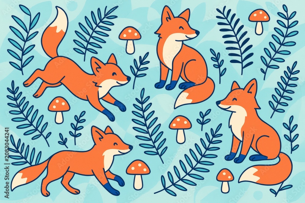 Fototapeta premium Cute cartoon foxes playing and sitting among leaves and mushrooms on a light blue background in playful creative style. Ai generative. Ai generative