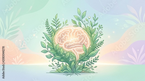 Mental Health and Wellbeing Concept Illustration with Glowing Human Brain Nurtured by Green Plants and Leaves
