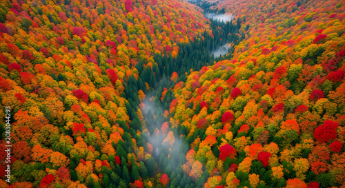 Autumn forest with colorful trees and foggy river path