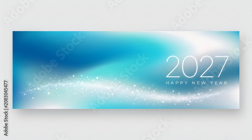 Happy new year 2027 banner with blue abstract gradient background and white sparkles for festive celebration and greeting card social media header.