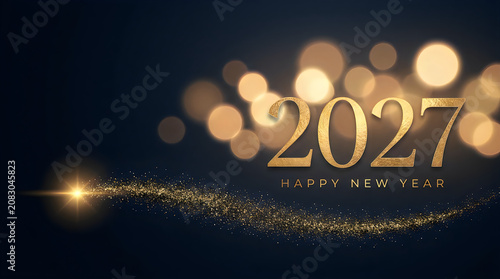 Golden textured 2027 happy new year sign with glowing bokeh light effects and shimmering sparkles on dark blue background for festive holiday season card.
