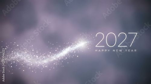 Magical sparkling trail with bright light and dust particles against soft purple and grey misty background, celebrating happy new year 2027, ethereal and dreamy.