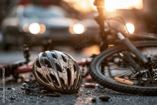 road accident scene with bicycle lying on the asphalt and a helmet in the foreground