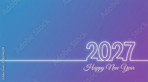 Modern minimalist design with neon line art for 2027 and happy new year greeting on a clean blue and purple gradient background, simple and stylish.