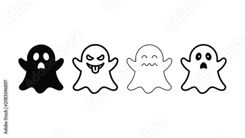 Four ghosts with different faces on white background