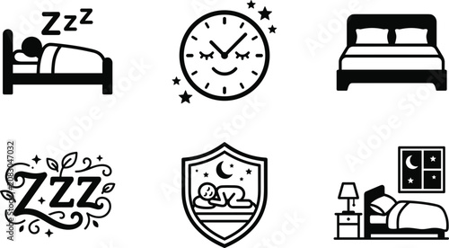 Quadro su tela Sleep and bedtime vector glyph icons set featuring sleeping person double bed night clock and bedroom