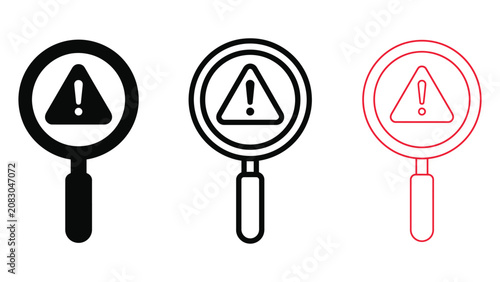 Magnifying glasses with warning signs on white background