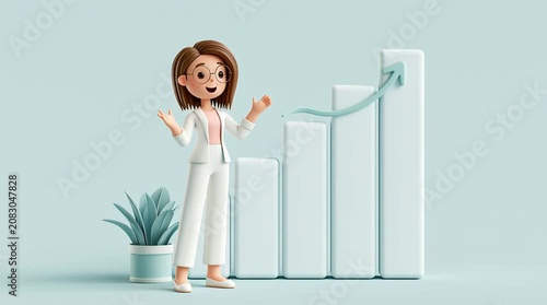 A cartoon businesswoman stands beside a giant upward chart, enthusiastically presenting data with expressive hand gestures in a smooth looping animation with a clean corporate aesthetic.