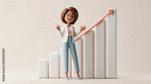 A cartoon businesswoman stands beside a giant upward chart, enthusiastically presenting data with expressive hand gestures in a smooth looping animation with a clean corporate aesthetic.