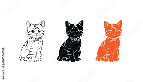 Obraz na plátne Cute tabby kitten wearing bow tie icons set featuring fluffy cat in line art bla
