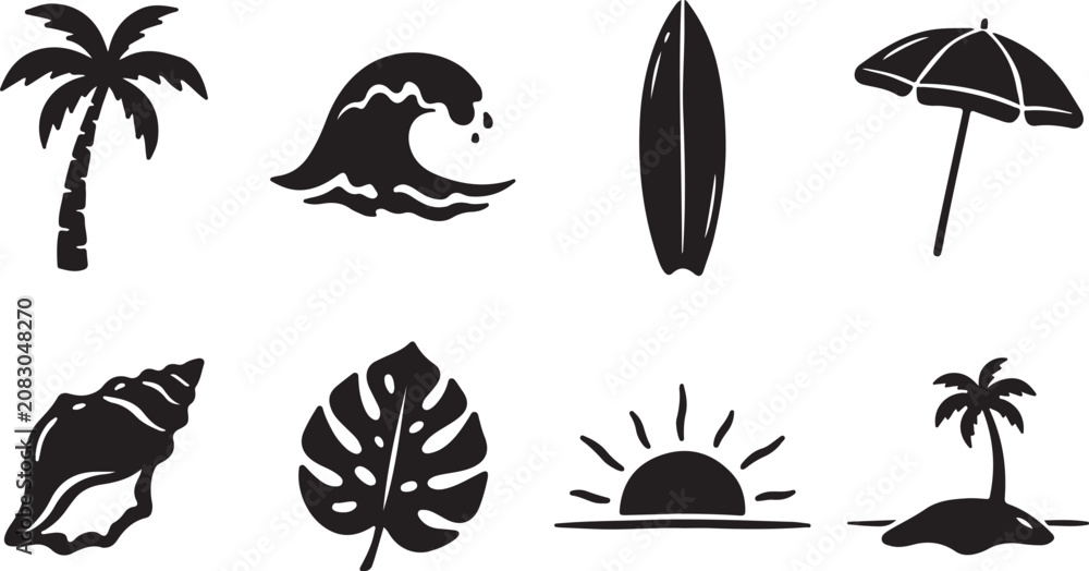 Fototapeta premium Set of hand drawn beach and summer tropical vacation icons and seaside design elements vectors.eps