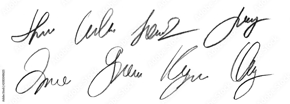 Fototapeta premium Set of black hand drawn pencil signatures, isolated on transparent cutout background