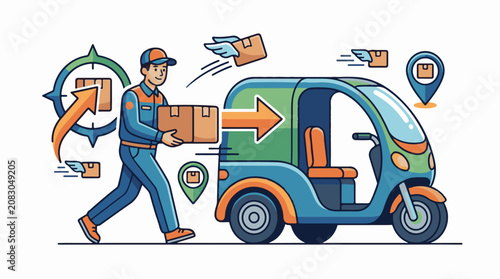 Delivery person loads box onto a futuristic scooter with delivery icons