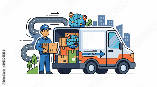 Delivery person loads van with packages and globes for worldwide shipping