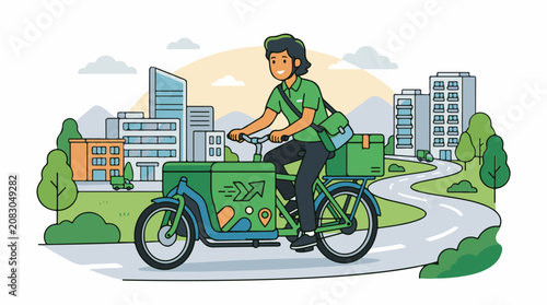 Delivery person on a bicycle navigates city streets delivering packages
