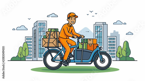 Delivery person on a cargo bike with packages in a city
