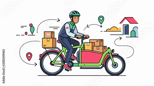 Delivery person on a cargo bike with parcels and location pins