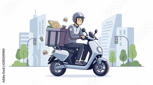 Delivery person on a scooter brings fast food through city streets