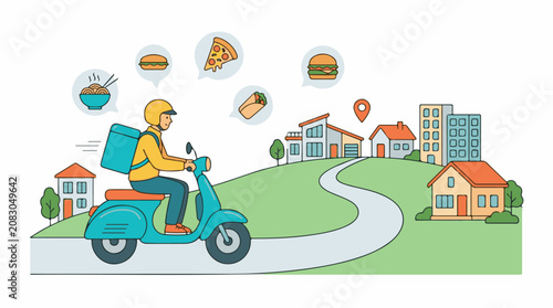 Delivery person on a scooter delivers food to a city neighborhood