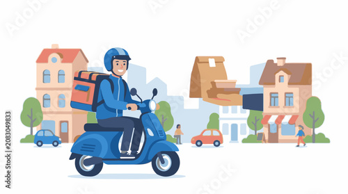 Delivery person on a scooter in a city with buildings and a parked car