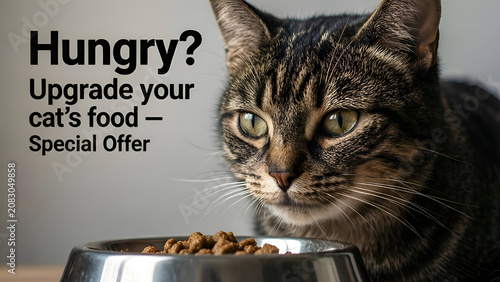 Feline advertising banner with copy for upgrading pet food and a cute domestic kitten