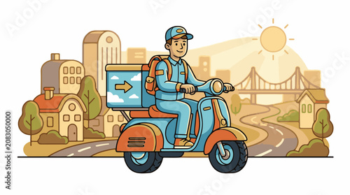 Delivery person on a scooter in a stylized city with buildings