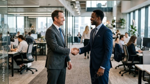 Two businessmen shaking hands in office.