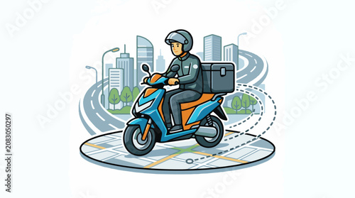 Delivery person on a scooter navigates a city map with a modern skyline
