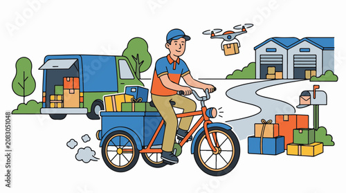 Delivery person on a tricycle drone van and warehouses
