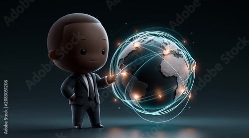 A cartoon business professional presents a rotating globe with glowing international connections, pointing to different regions in a modern, engaging global business scene.