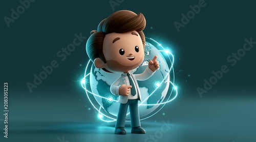 A cartoon business professional presents a rotating globe with glowing international connections, pointing to different regions in a modern, engaging global business scene.