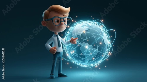 A cartoon business professional presents a rotating globe with glowing international connections, pointing to different regions in a modern, engaging global business scene.