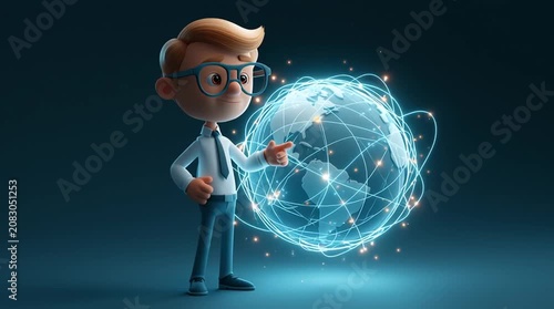 A cartoon business professional presents a rotating globe with glowing international connections, pointing to different regions in a modern, engaging global business scene.