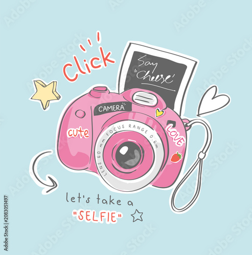 typography slogan with cartoon camera vector illustration for fashion print - drawn by hand not generative AI	
