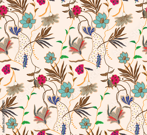 Floral Pattern Background with Teal and Magenta Flowers.a floral pattern with colorful flowers and leaves