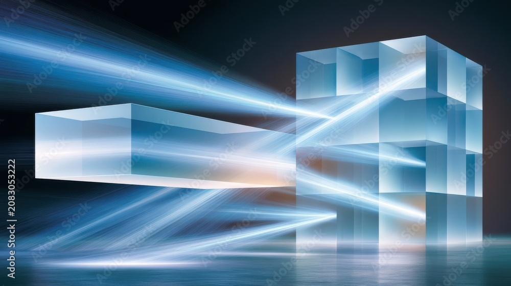 Obraz premium Futuristic abstract digital artwork with glass cubes and dynamic light beams suggesting motion and technology