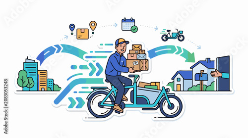 Delivery person on bike transports packages from city to house