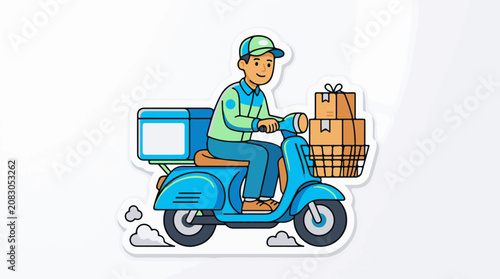 Delivery person on blue scooter with packages and delivery box