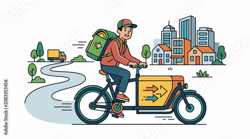 Delivery person on cargo bike in a city with a truck on a road