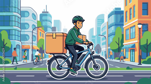 Delivery person on electric bike in a vibrant cityscape