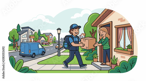 Delivery person hands a package to a woman at her house