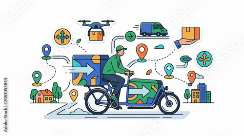 Delivery person on cargo bike with drone van and map icons