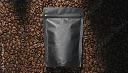 Top-down view of matte black resealable pouch filled with roasted coffee beans on dark background