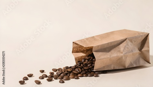 Spilled coffee beans from paper bag on light background minimalist still life