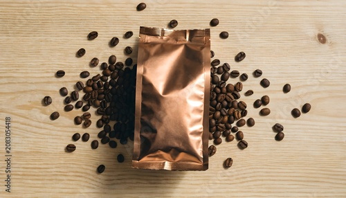 Close up top view of coffee beans spilling from golden foil bag on wooden surface