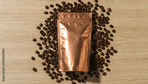 Top view of roasted coffee beans spilling from brown paper bag on wooden surface