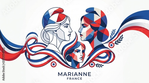 Bastille Day France Marianne Portrait with French Tricolor Ribbon, French National Day Illustration
